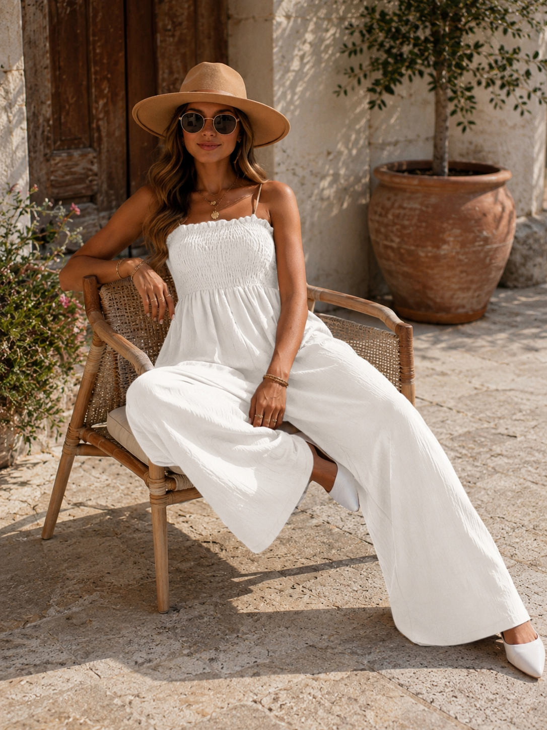 Jumpsuit met wijde pijpen en geplooid lijfje