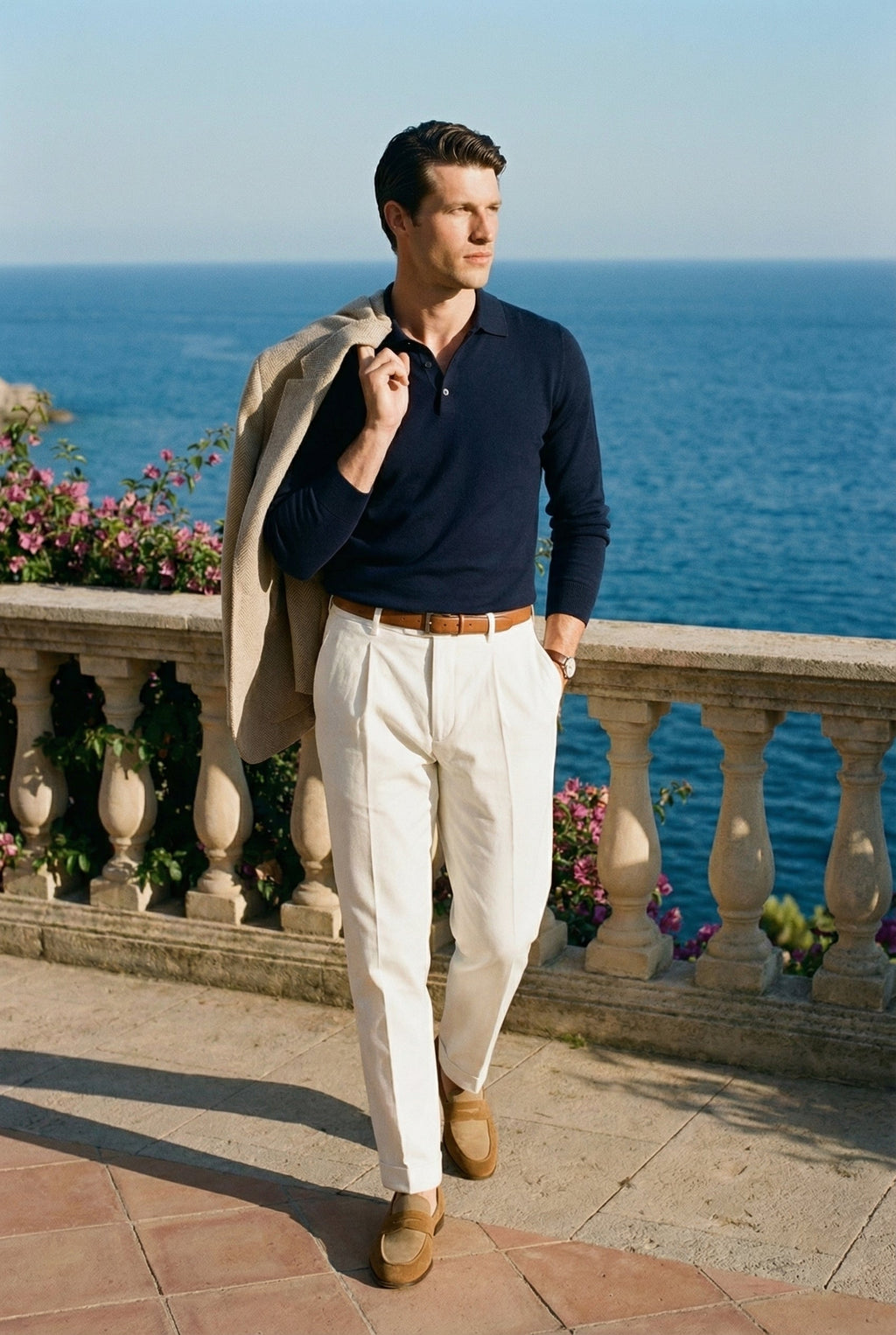 Gebreide polo met knoopsluiting van effen lamswol in 'old money'-stijl