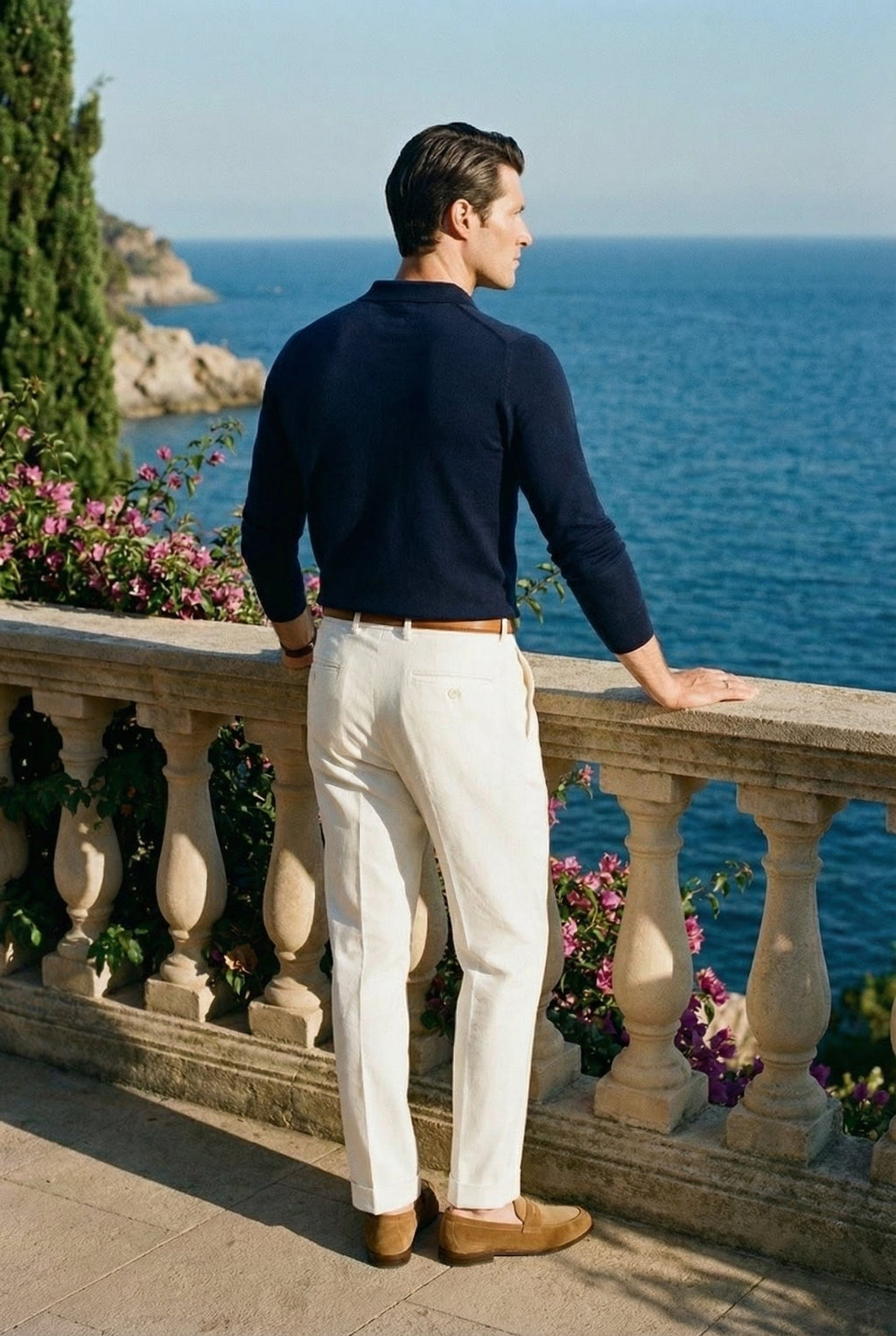 Gebreide polo met knoopsluiting van effen lamswol in 'old money'-stijl