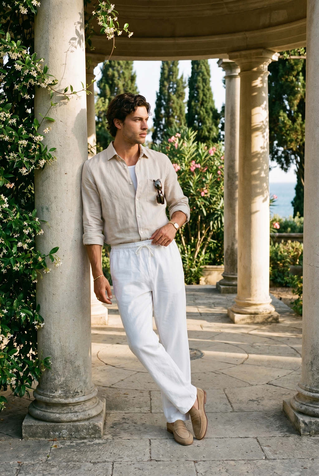 Pantaloni in Cotone e Lino con Coulisse Old Money