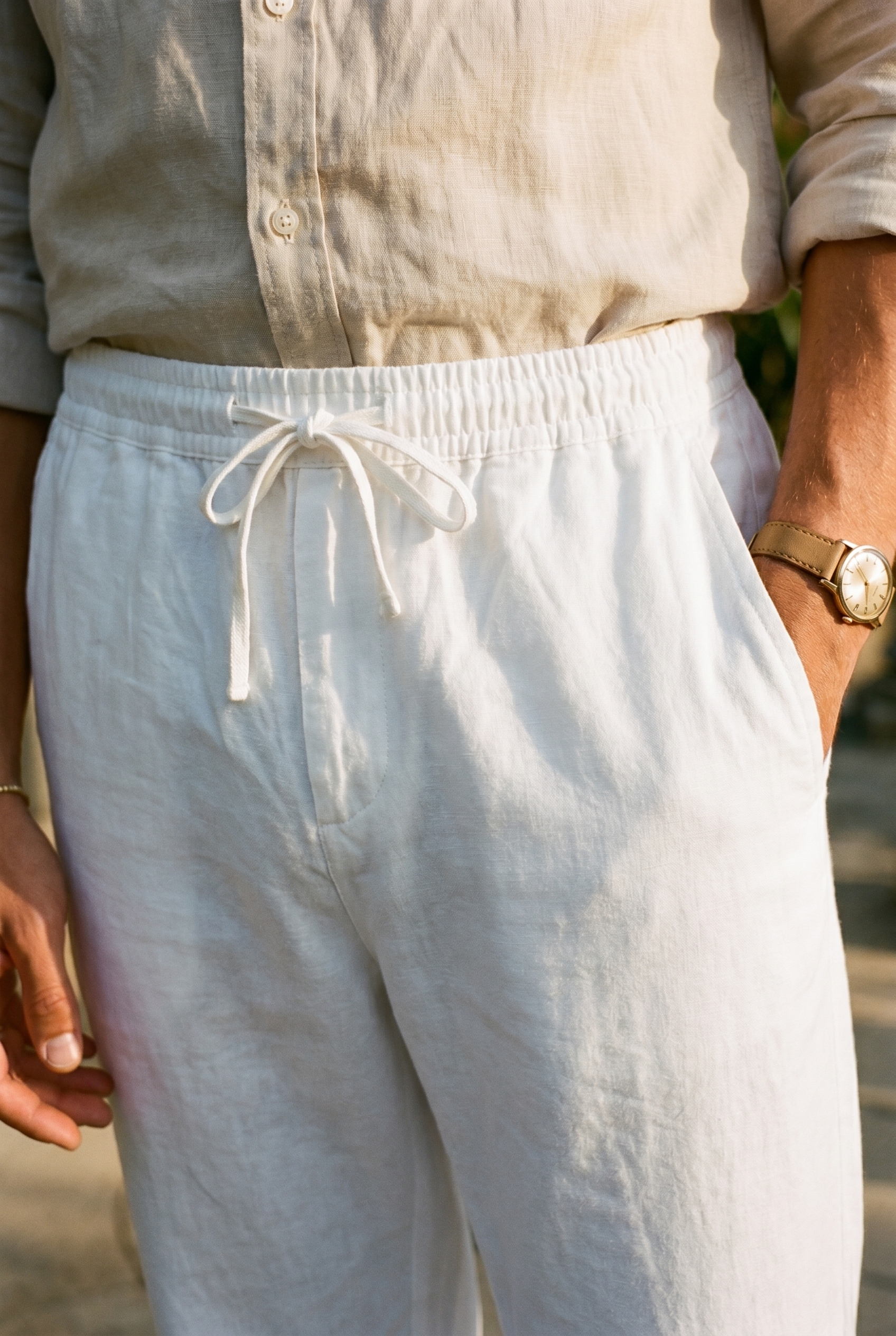 Pantaloni in Cotone e Lino con Coulisse Old Money