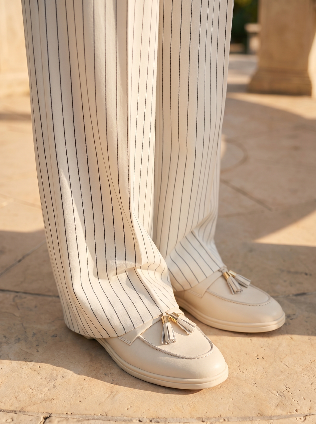 Gestreepte broek met wijde pijpen, zonder stretch, Old Money-stijl