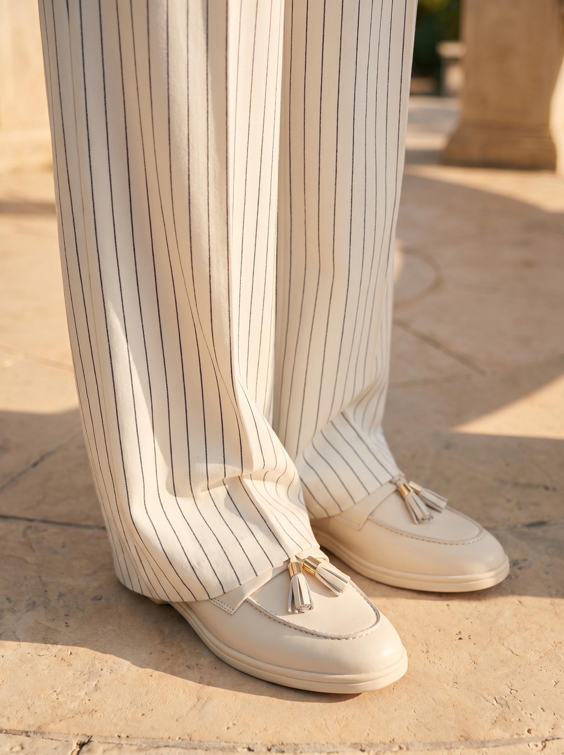 Gestreepte broek met wijde pijpen, zonder stretch, Old Money-stijl