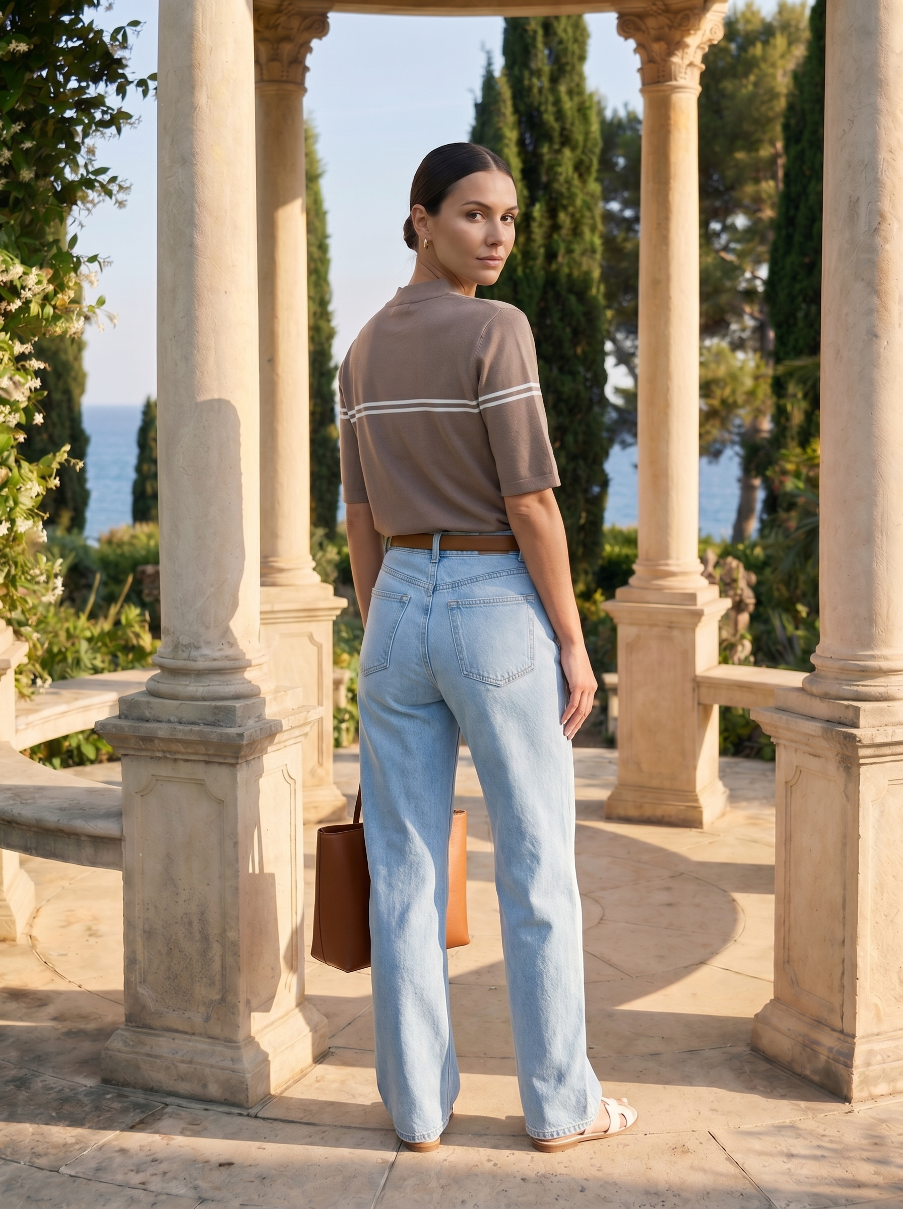T-Shirt con Cerniera a Maniche Corte a Righe Old Money