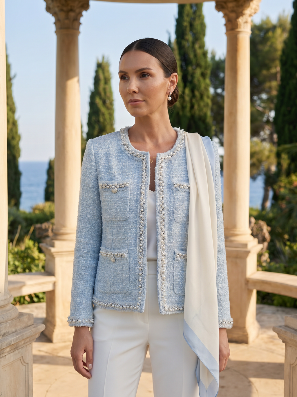 Blazer Blu con Tasche Decorate in Stile Francese Old Money