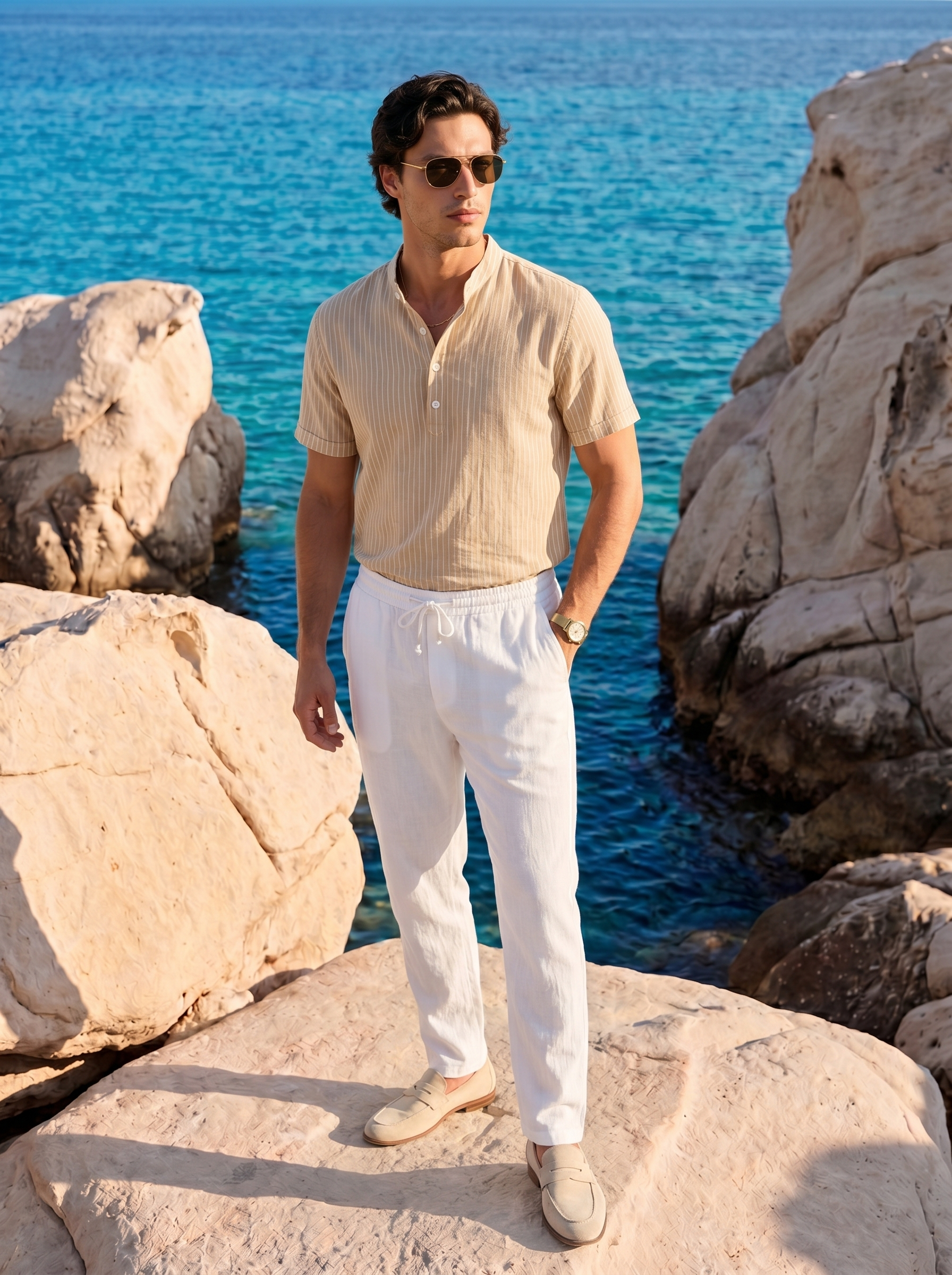 Camicia Henley a Righe in Lino Old Money