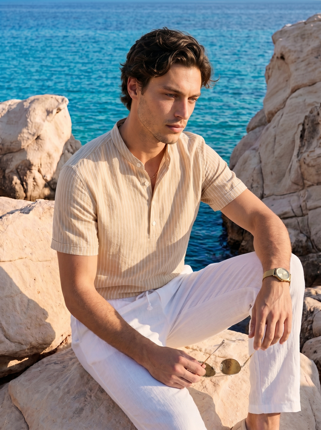 Camicia Henley a Righe in Lino Old Money