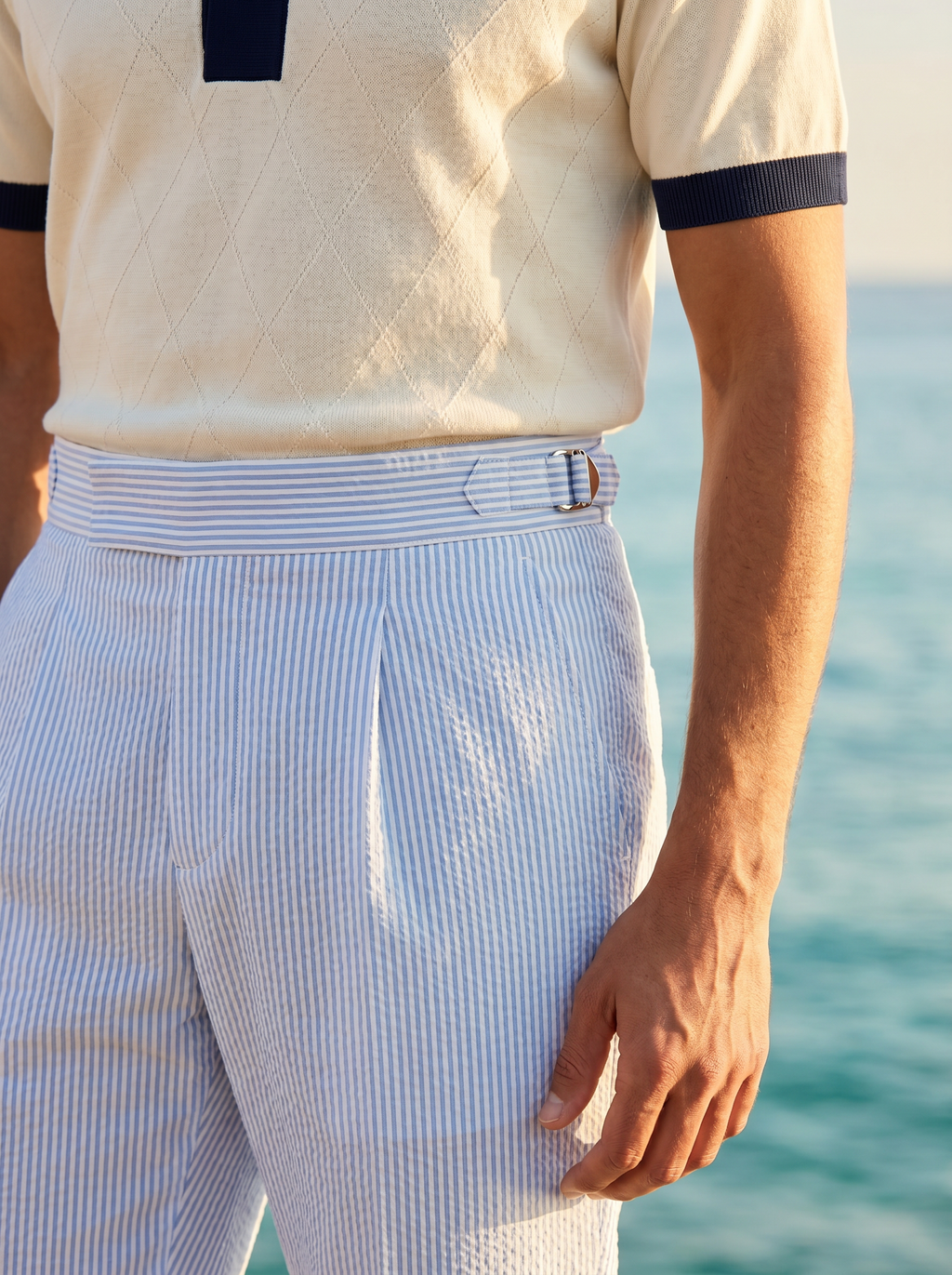 Pantaloni a Righe Seersucker a Vita Alta Old Money