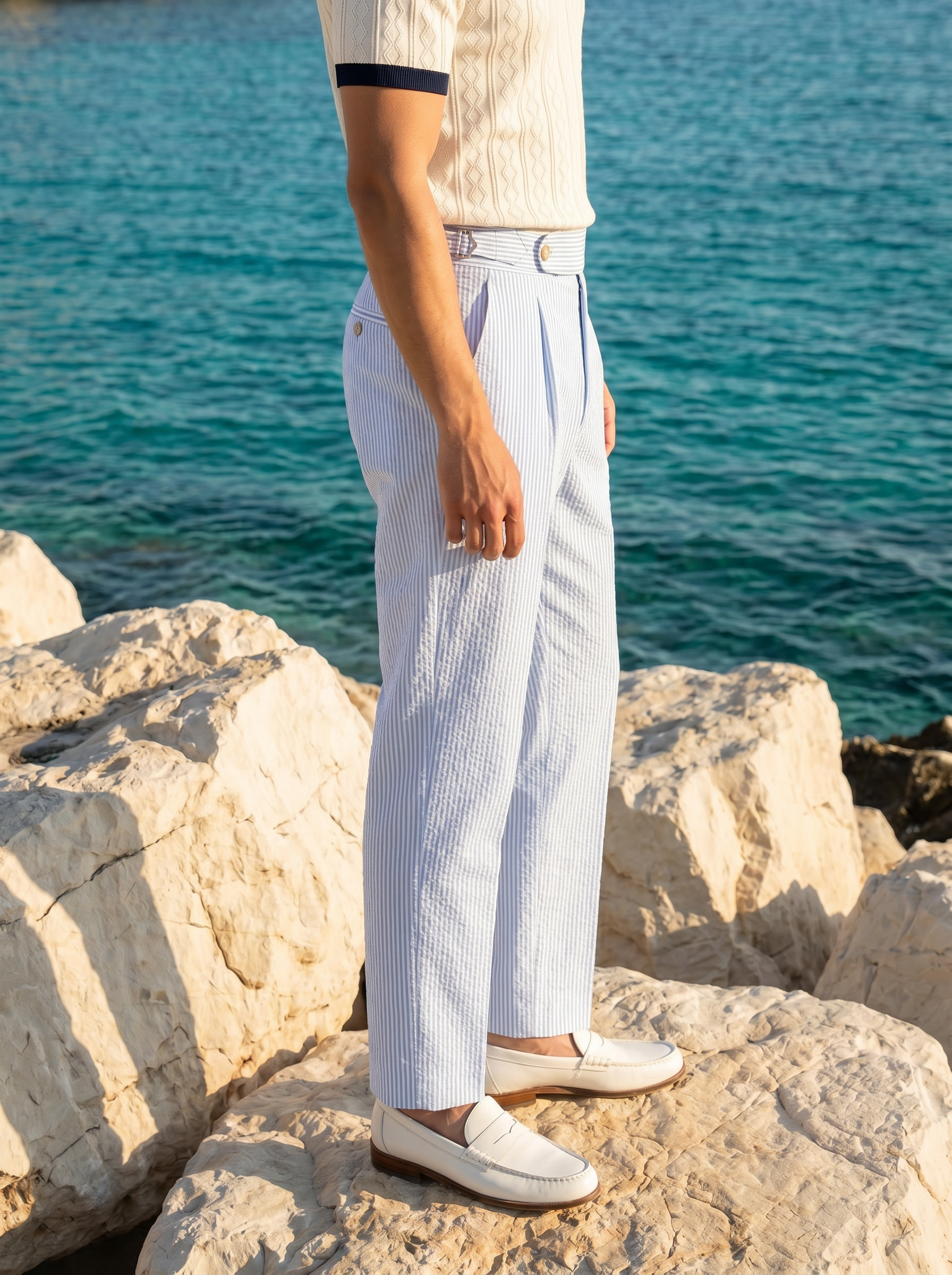 Pantaloni a Righe Seersucker a Vita Alta Old Money