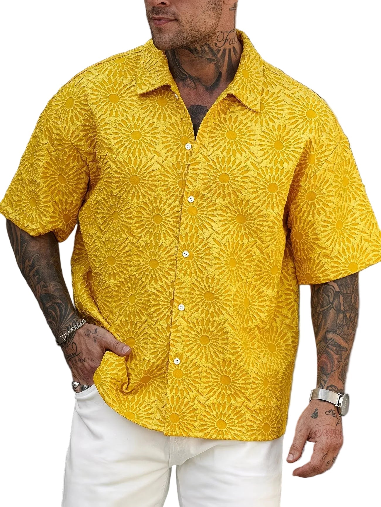 Camicia a Maniche Corte con Motivo Girasole Testurizzato vista frontale