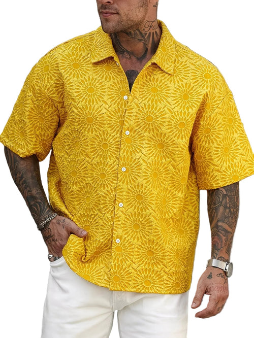 Camicia a Maniche Corte con Motivo Girasole Testurizzato vista frontale