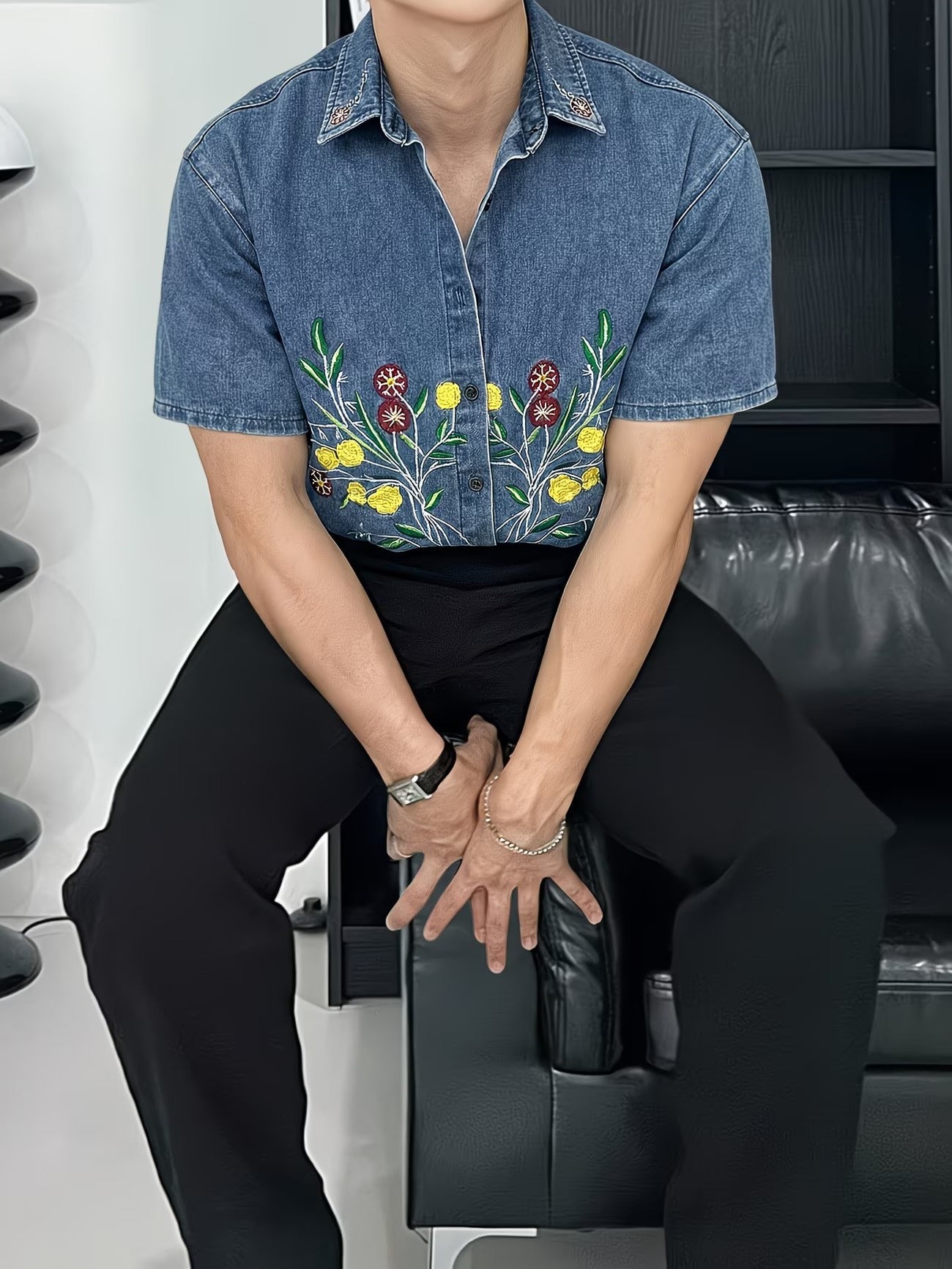 Camicia a Maniche Corte con Ricamo Floreale vista completa
