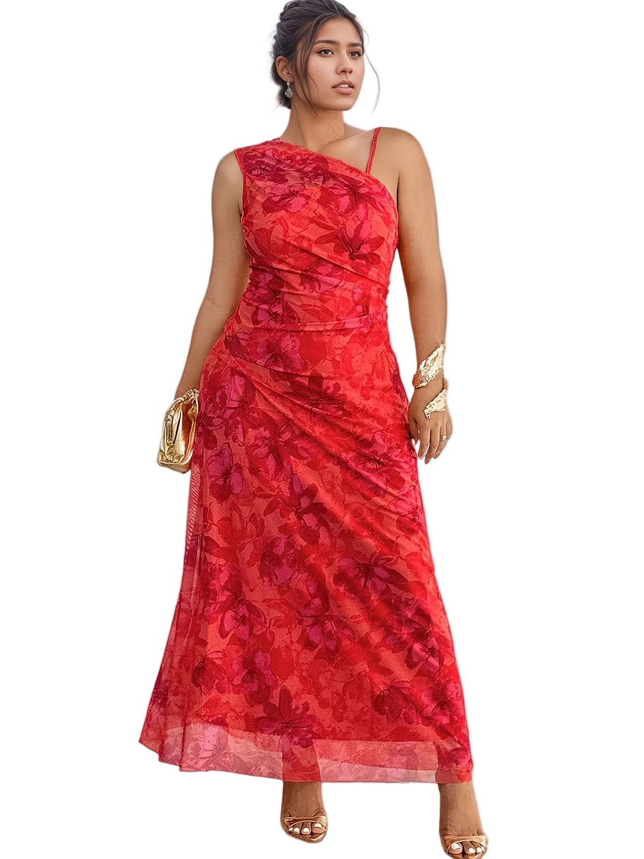 Vestito Maxi Asimmetrico con Stampa Floreale vista frontale