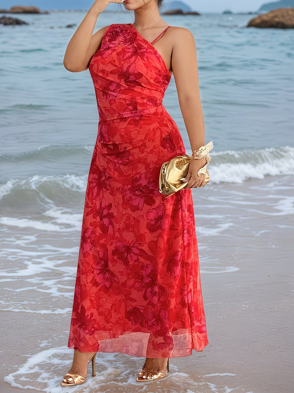 Vestito Maxi Asimmetrico con Stampa Floreale vista completa