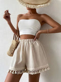 Shorts ad Alta Vita con Frange e Bordo in Pizzo vista laterale