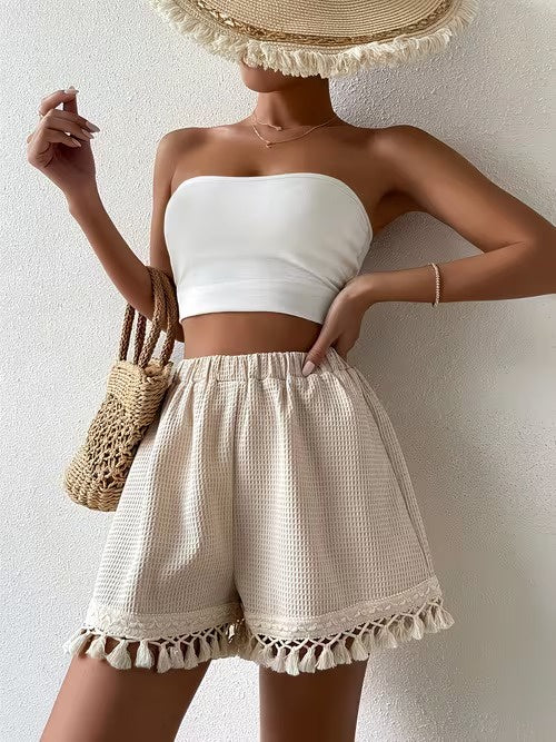 Shorts ad Alta Vita con Frange e Bordo in Pizzo vista laterale